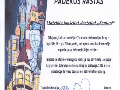 Padėka už tarptautinės Tolerancijos dienos organizavimą